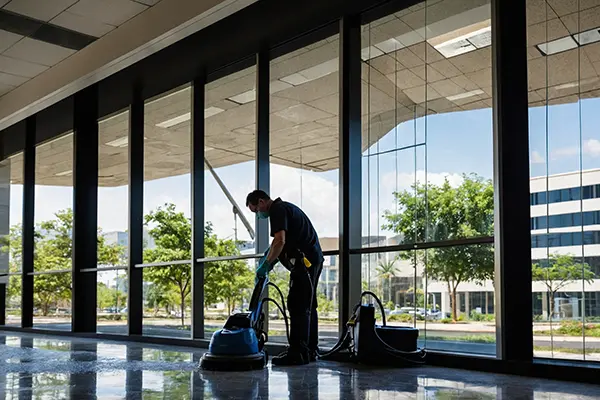 Man cleaning floor front window with vacuum cleaner
