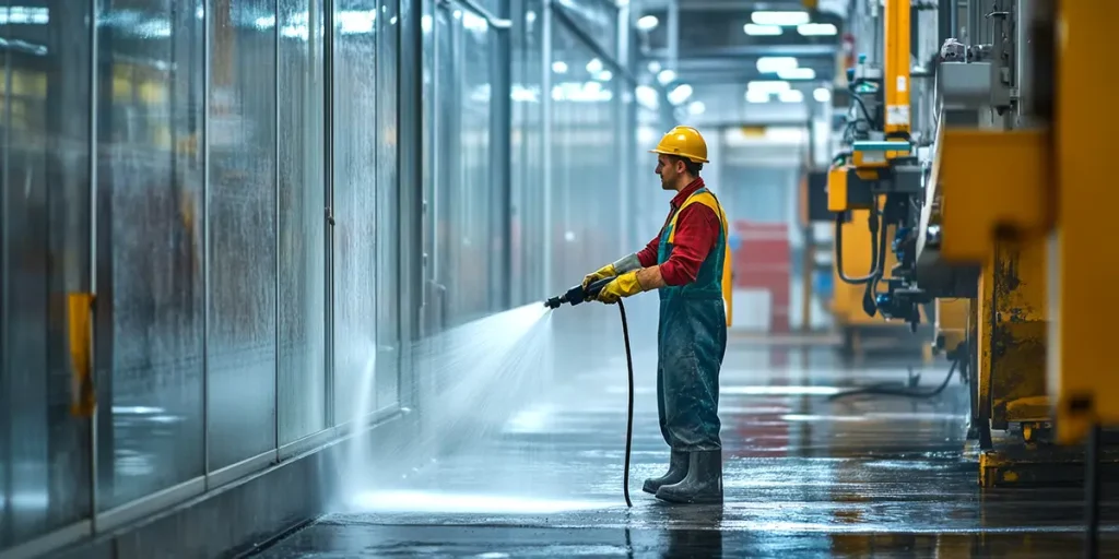 Man pressure washing wall